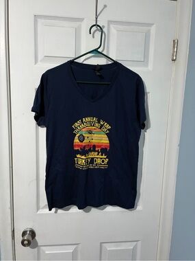 Women’s Navy V-Neck Short Sleeve Tee with Yellow Retro Turkey Graphic